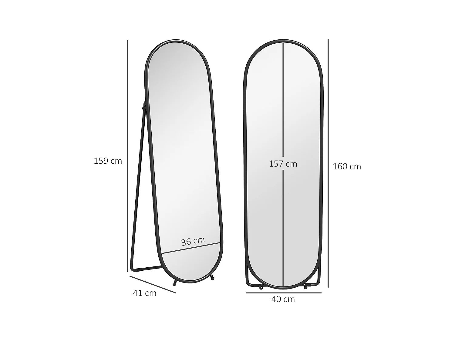Specchio verticale ovale da terra con supporto 40x41x159 cm nero