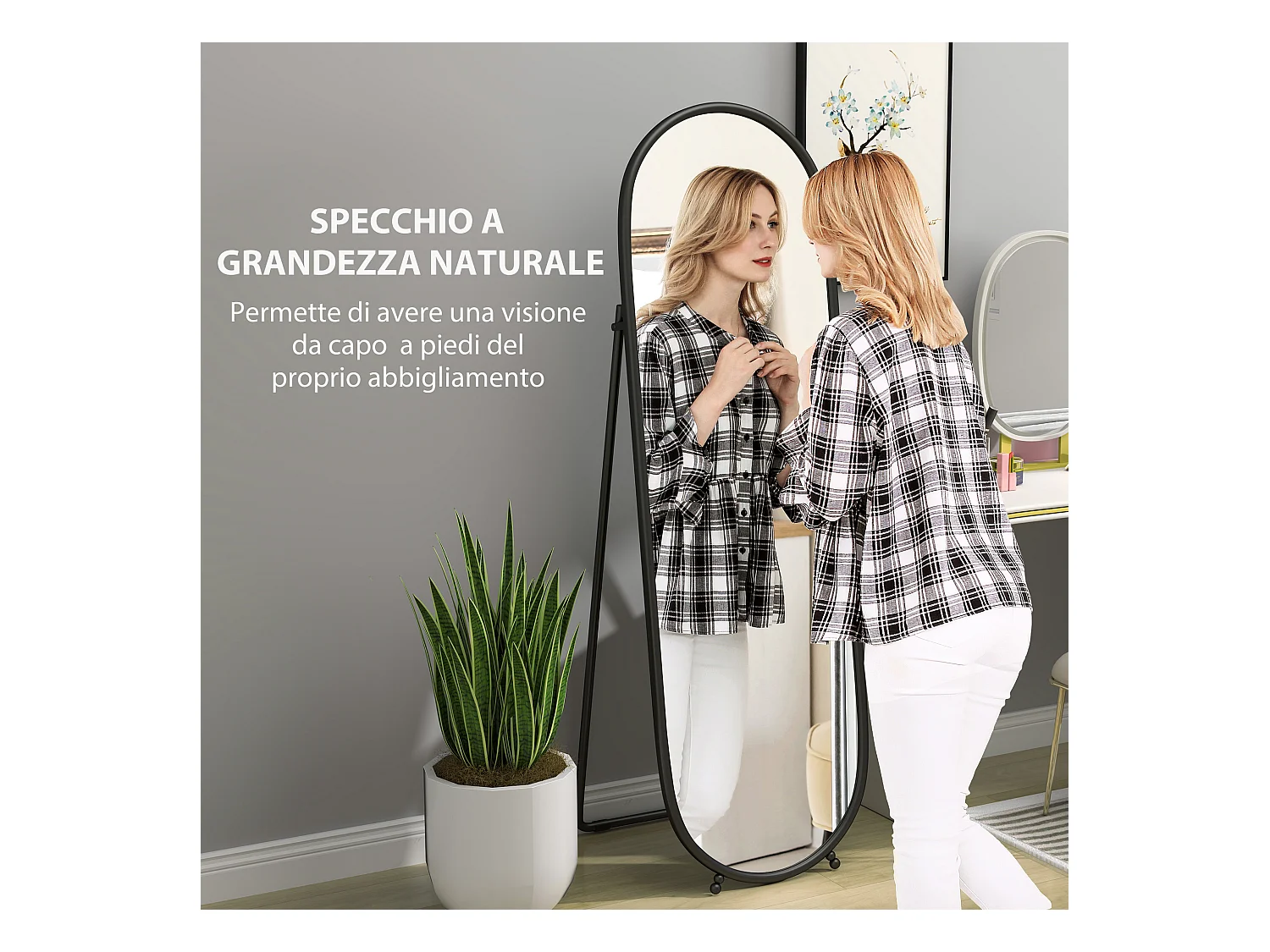 Specchio verticale ovale da terra con supporto 40x41x159 cm nero