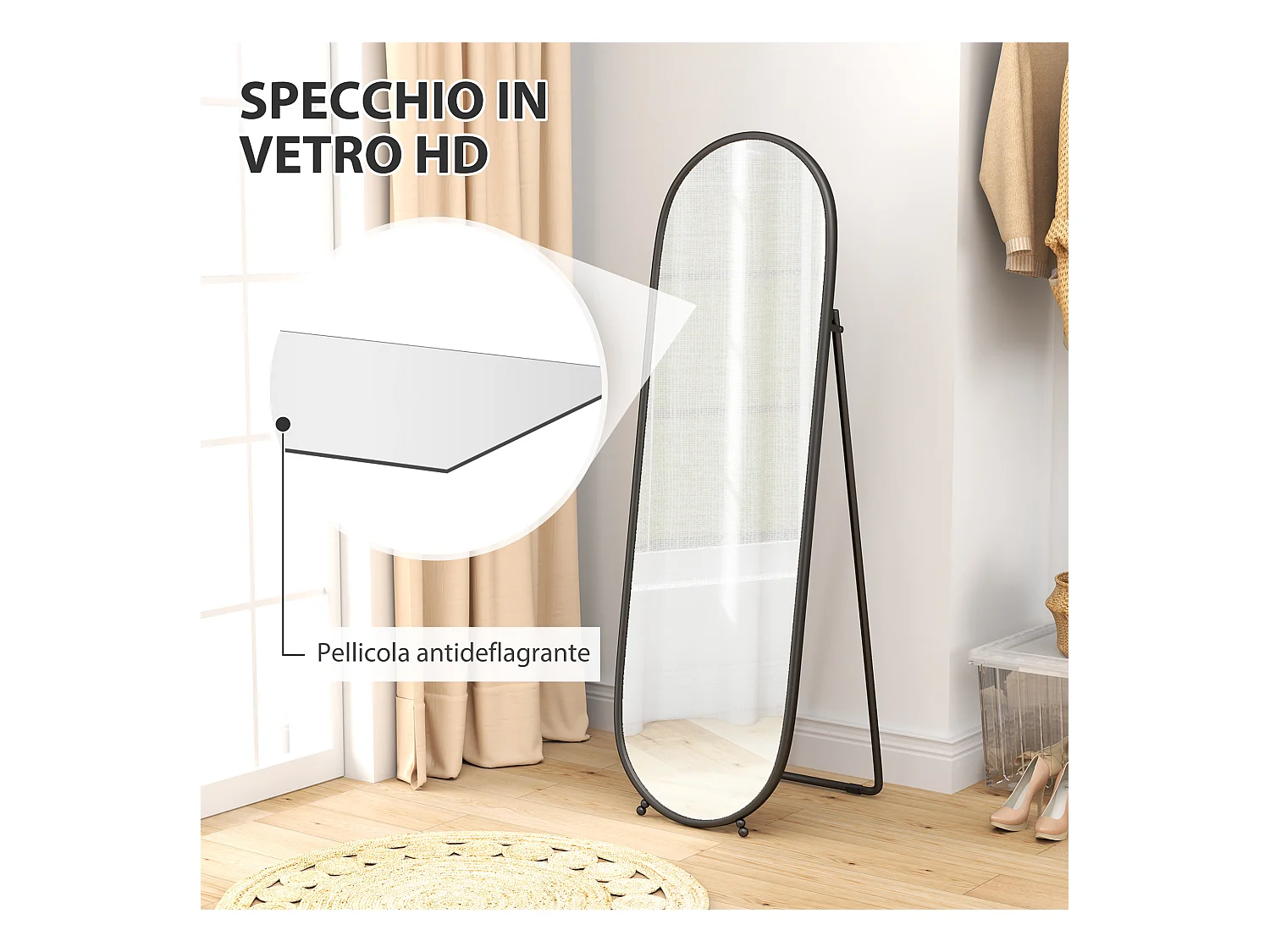 Specchio verticale ovale da terra con supporto 40x41x159 cm nero