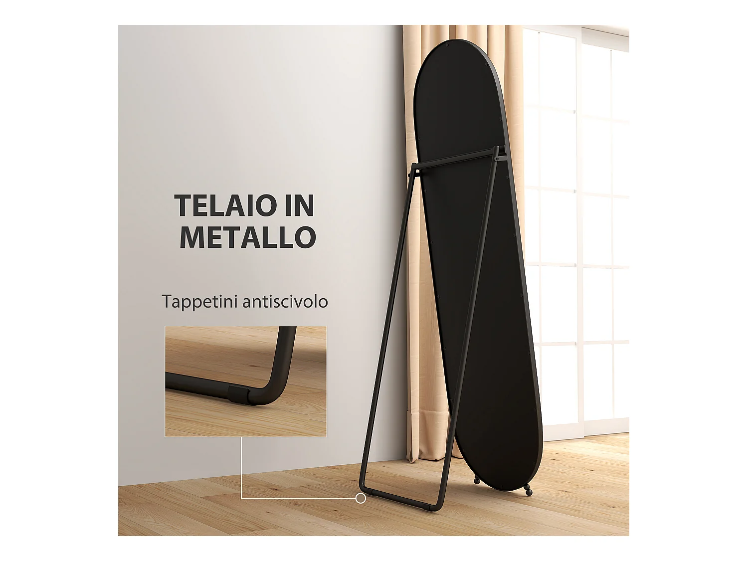 Specchio verticale ovale da terra con supporto 40x41x159 cm nero