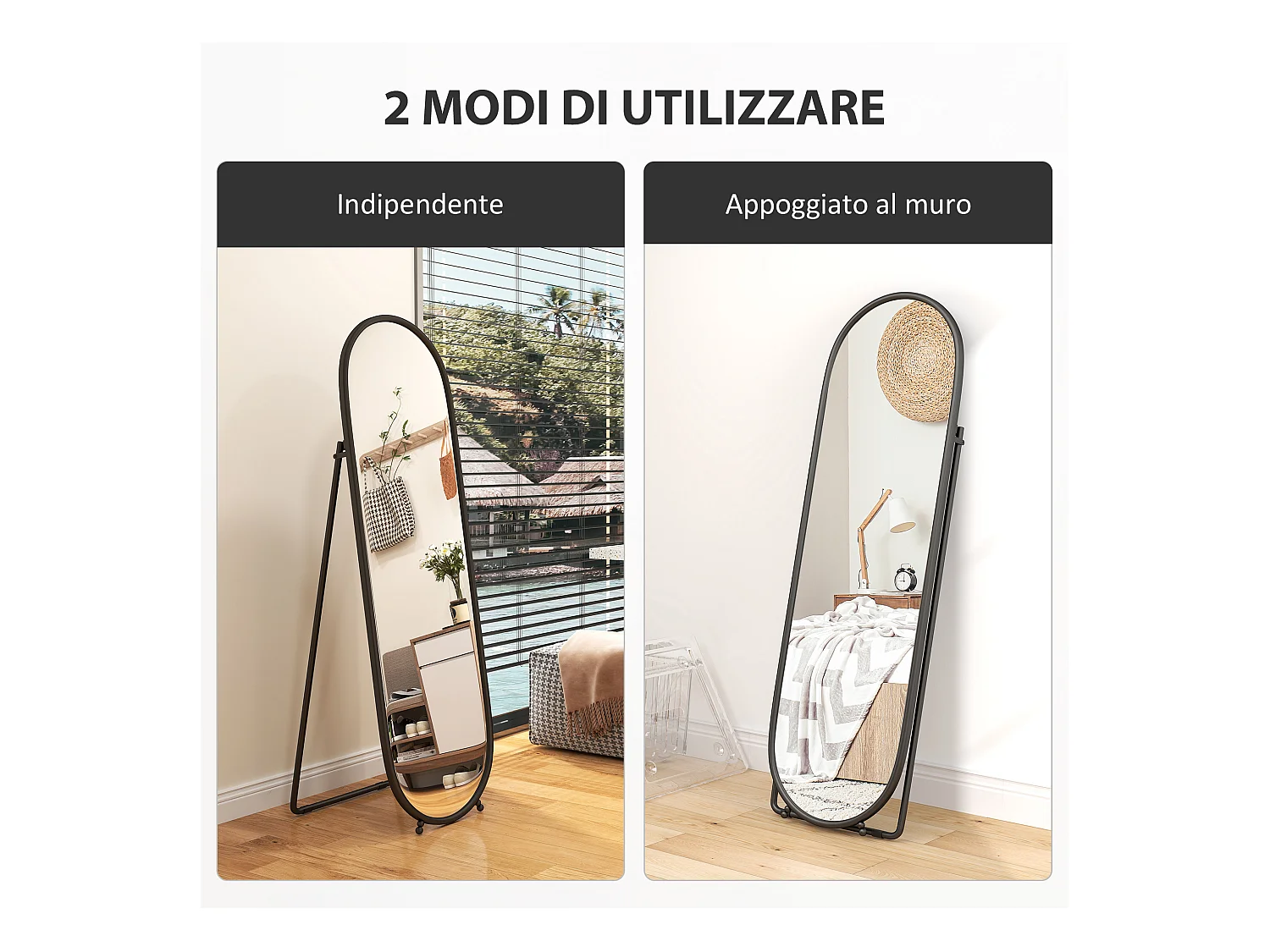 Specchio verticale ovale da terra con supporto 40x41x159 cm nero