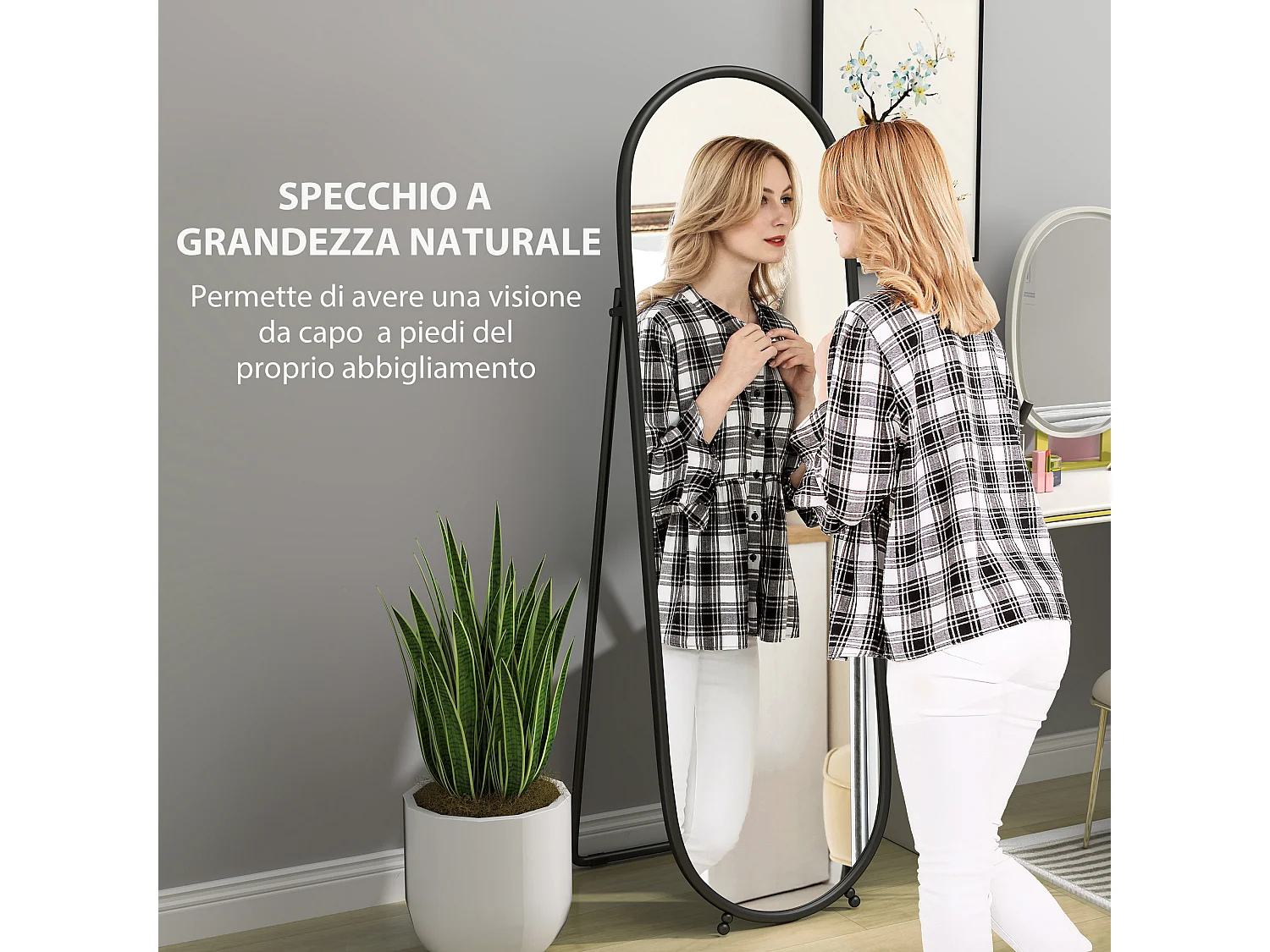 Specchio verticale ovale da terra con supporto 40x41x159 cm nero