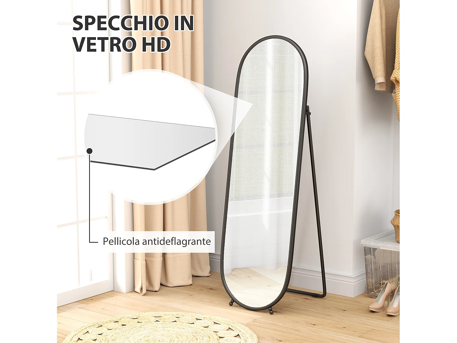 Specchio verticale ovale da terra con supporto 40x41x159 cm nero