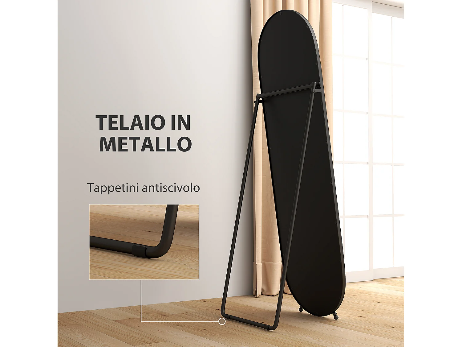 Specchio verticale ovale da terra con supporto 40x41x159 cm nero