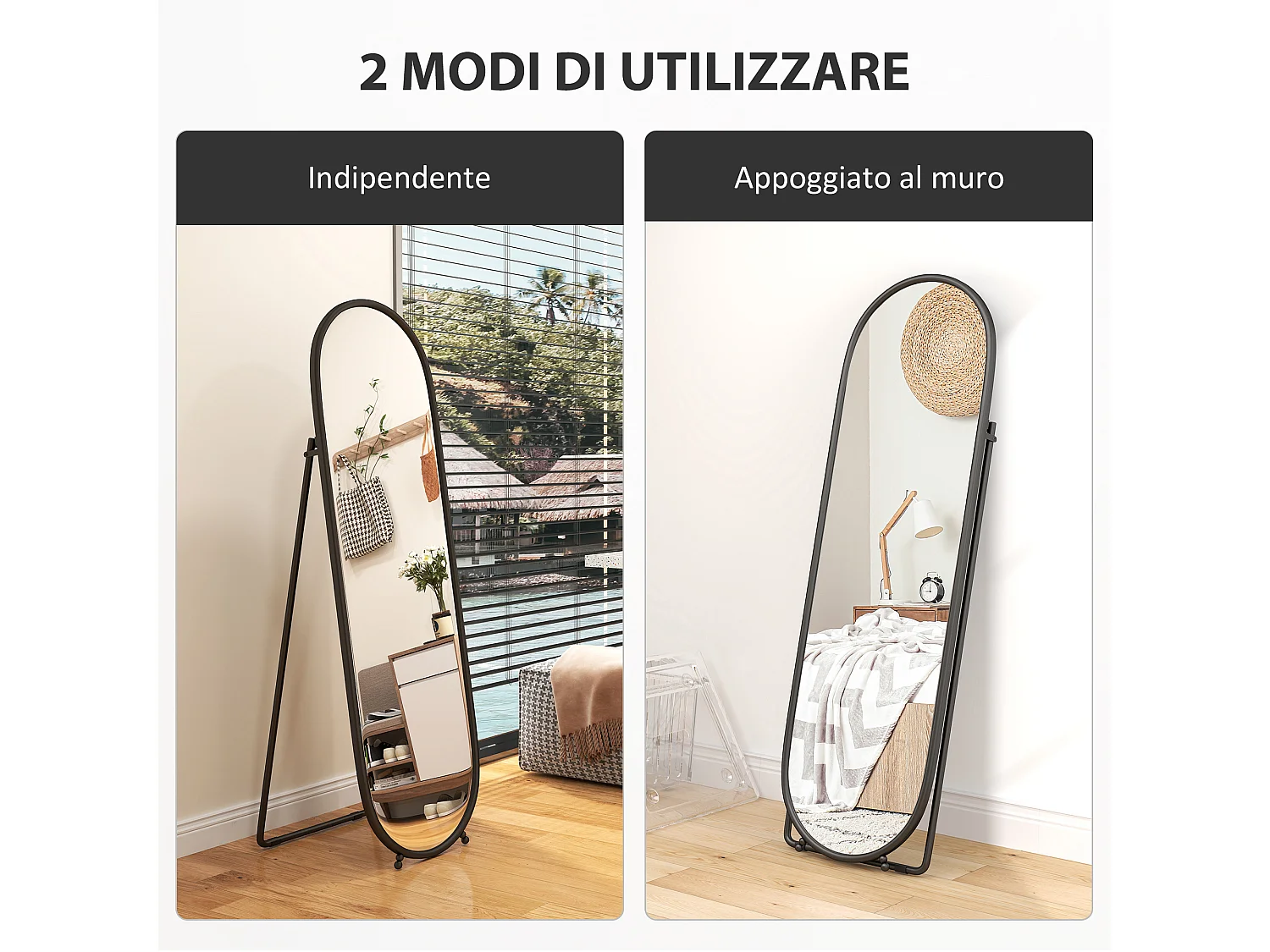 Specchio verticale ovale da terra con supporto 40x41x159 cm nero
