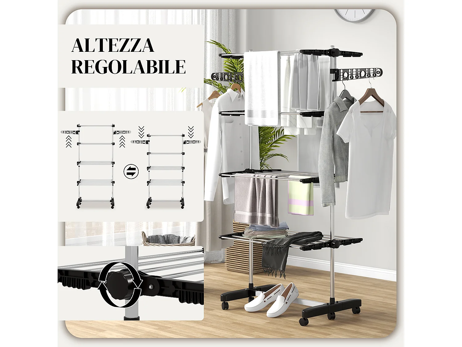 Stendino verticale pieghevole a 4 livelli e 6 ruote nero e argento