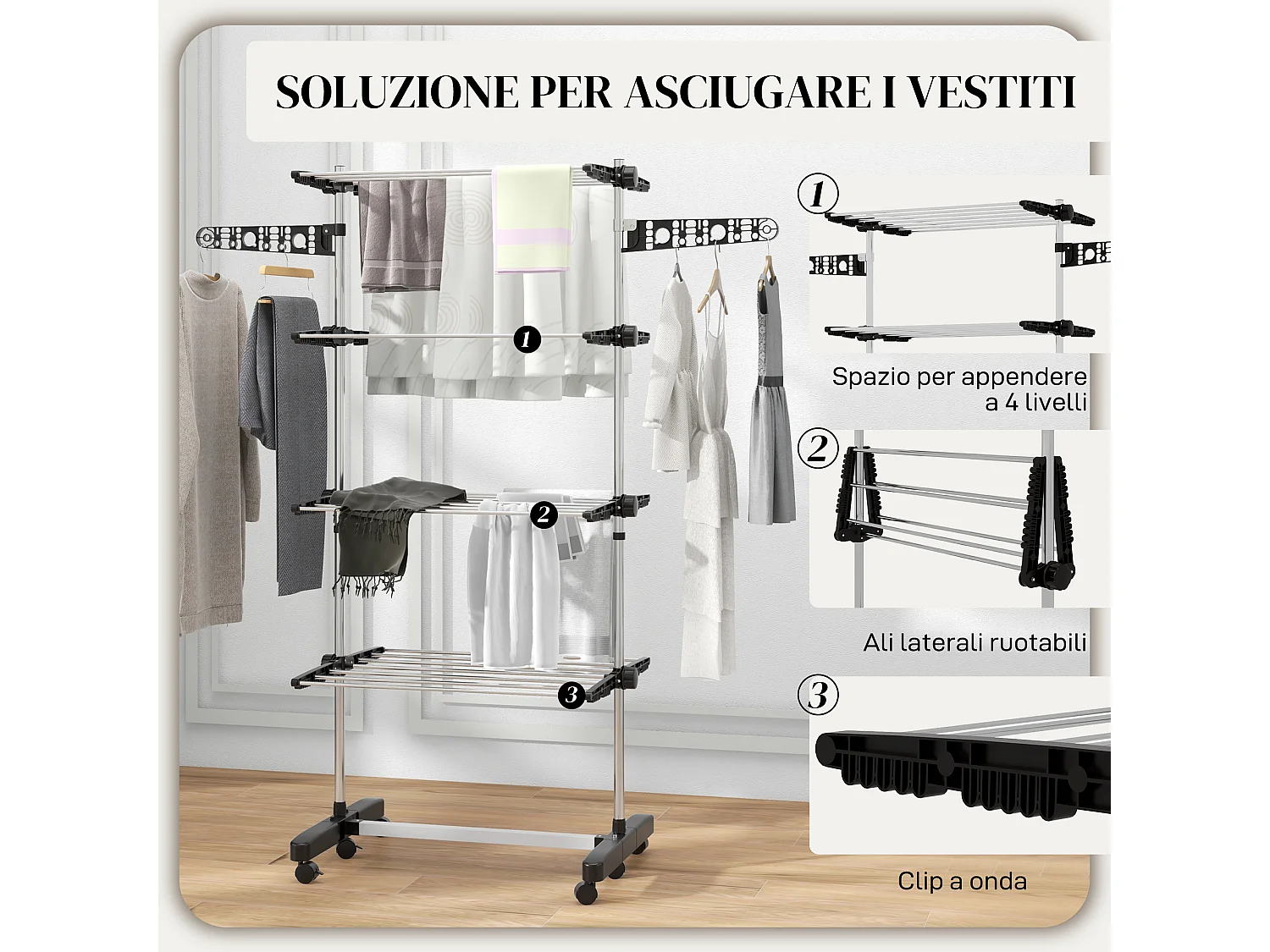 Stendino verticale pieghevole a 4 livelli e 6 ruote nero e argento