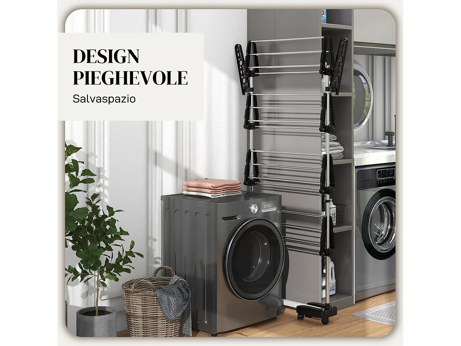 Stendino verticale pieghevole a 4 livelli e 6 ruote nero e argento