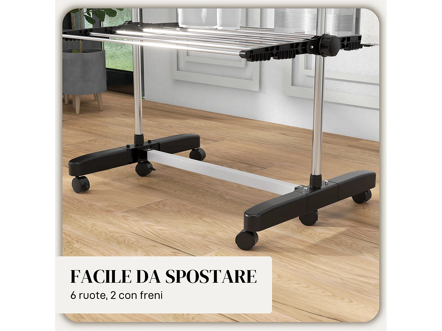 Stendino verticale pieghevole a 4 livelli e 6 ruote nero e argento