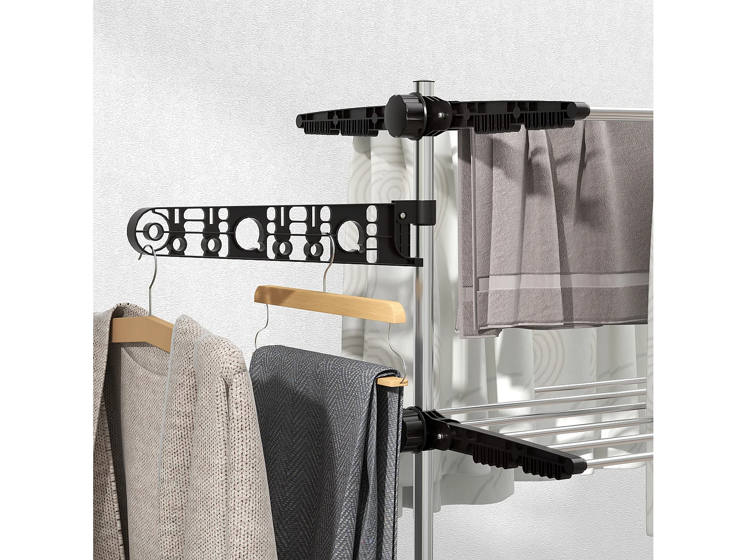 Stendino verticale pieghevole a 4 livelli e 6 ruote nero e argento