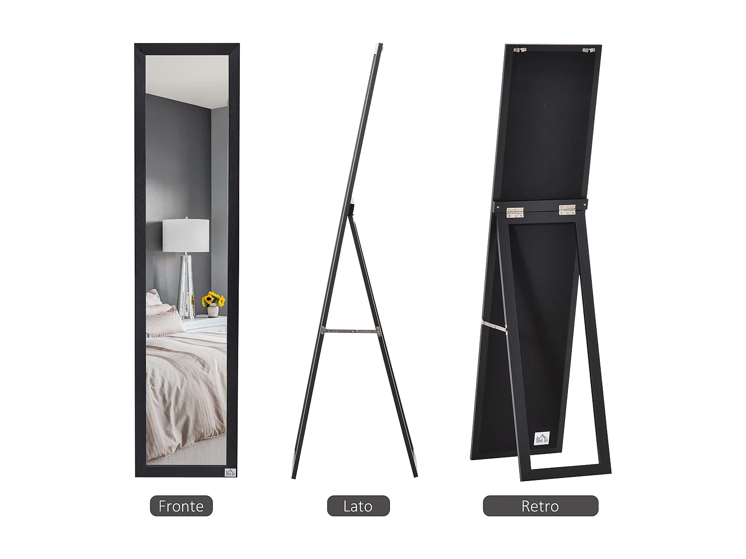 Specchio da terra e parete con supporto richiudibile e cornice