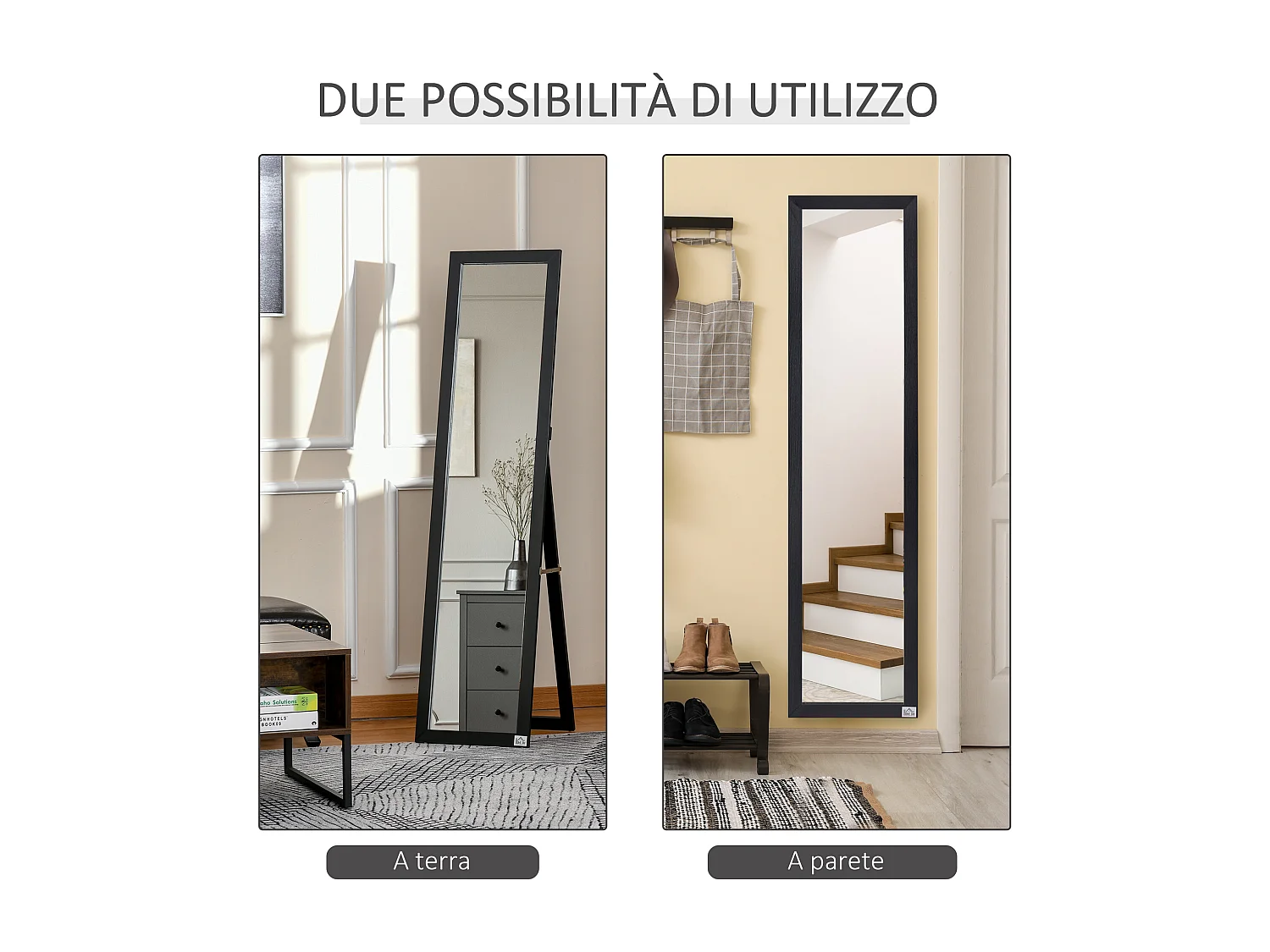 Specchio da terra e parete con supporto richiudibile e cornice