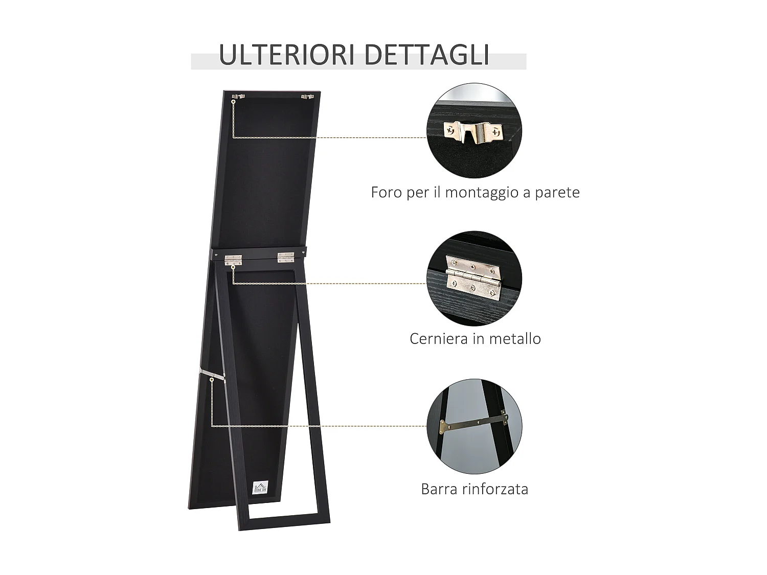 Specchio da terra e parete con supporto richiudibile e cornice