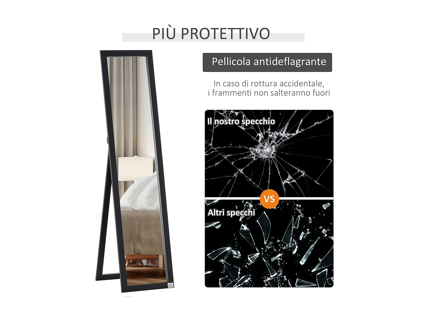 Specchio da terra e parete con supporto richiudibile e cornice