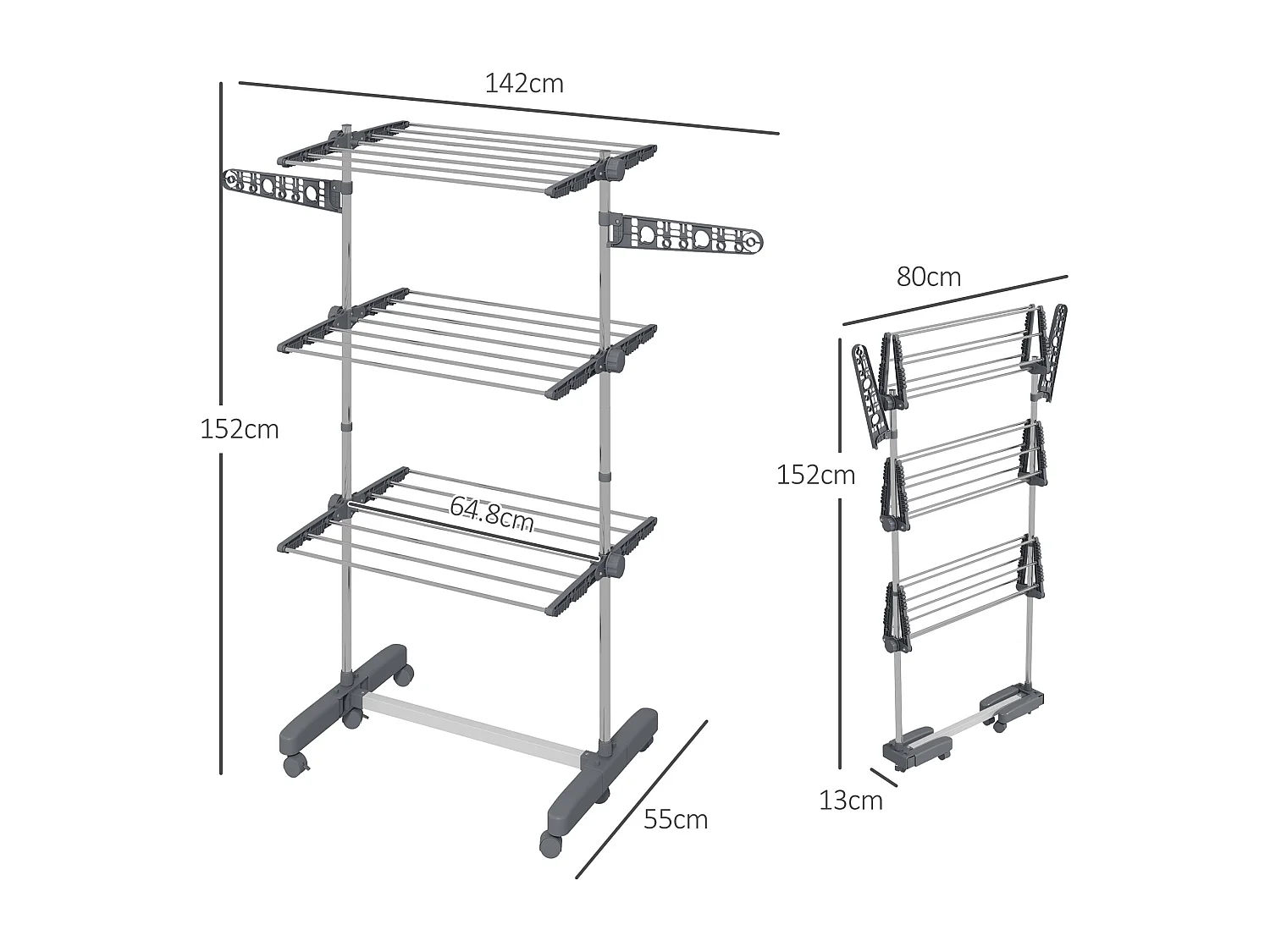 Stendino verticale pieghevole a 3 livelli regolabili e 6 ruote grigio