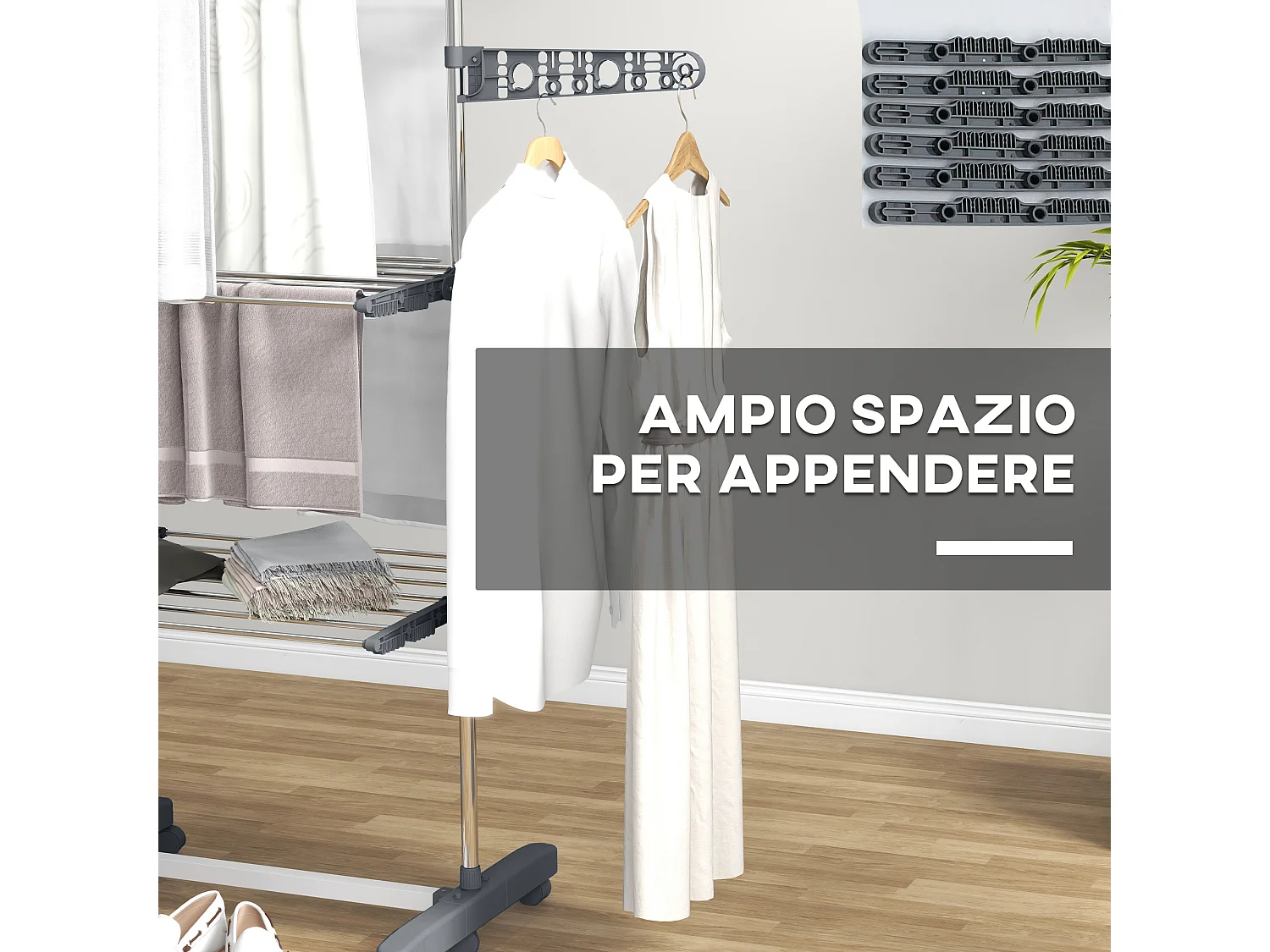 Stendino verticale pieghevole a 3 livelli regolabili e 6 ruote grigio