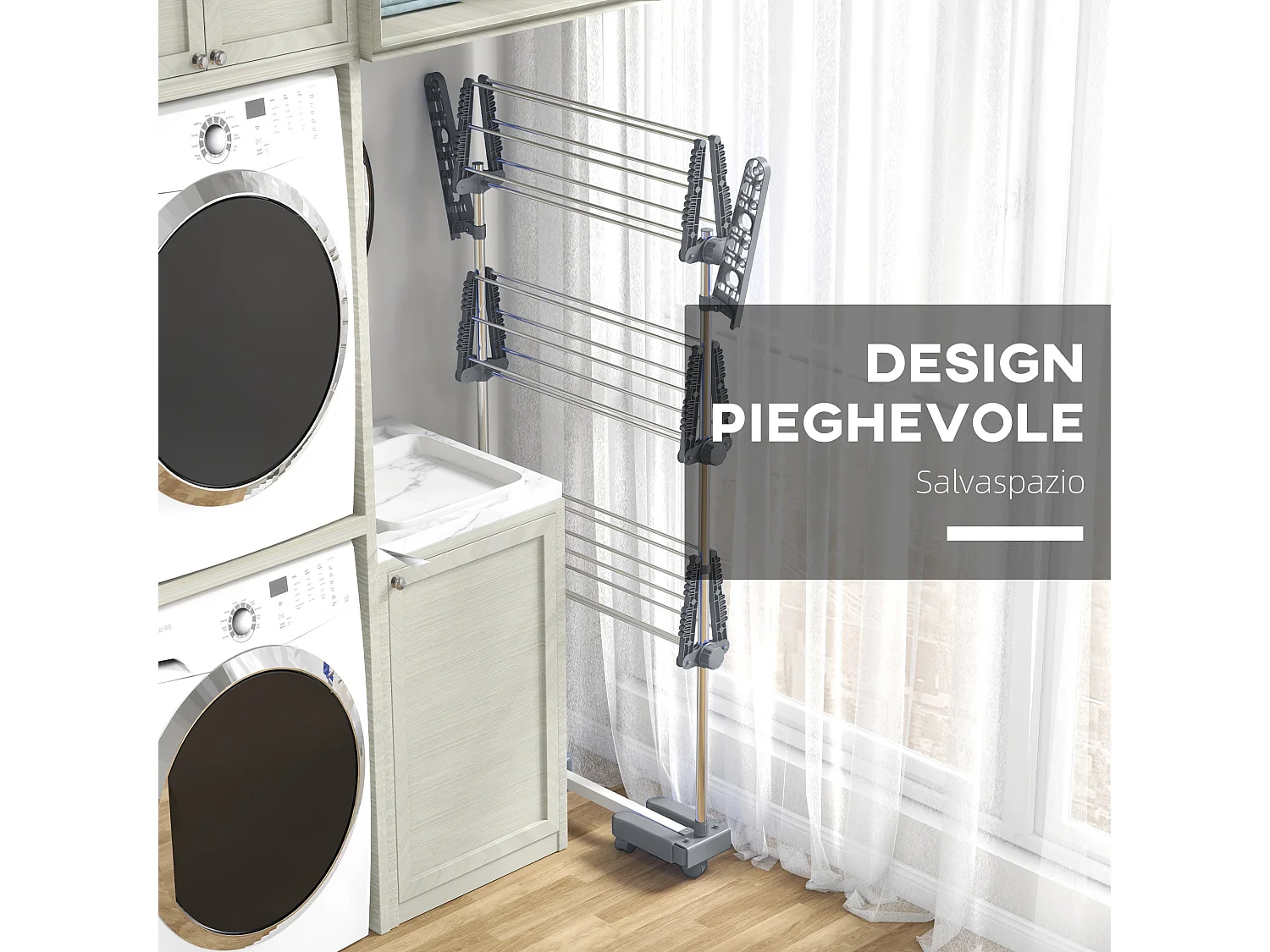 Stendino verticale pieghevole a 3 livelli regolabili e 6 ruote grigio