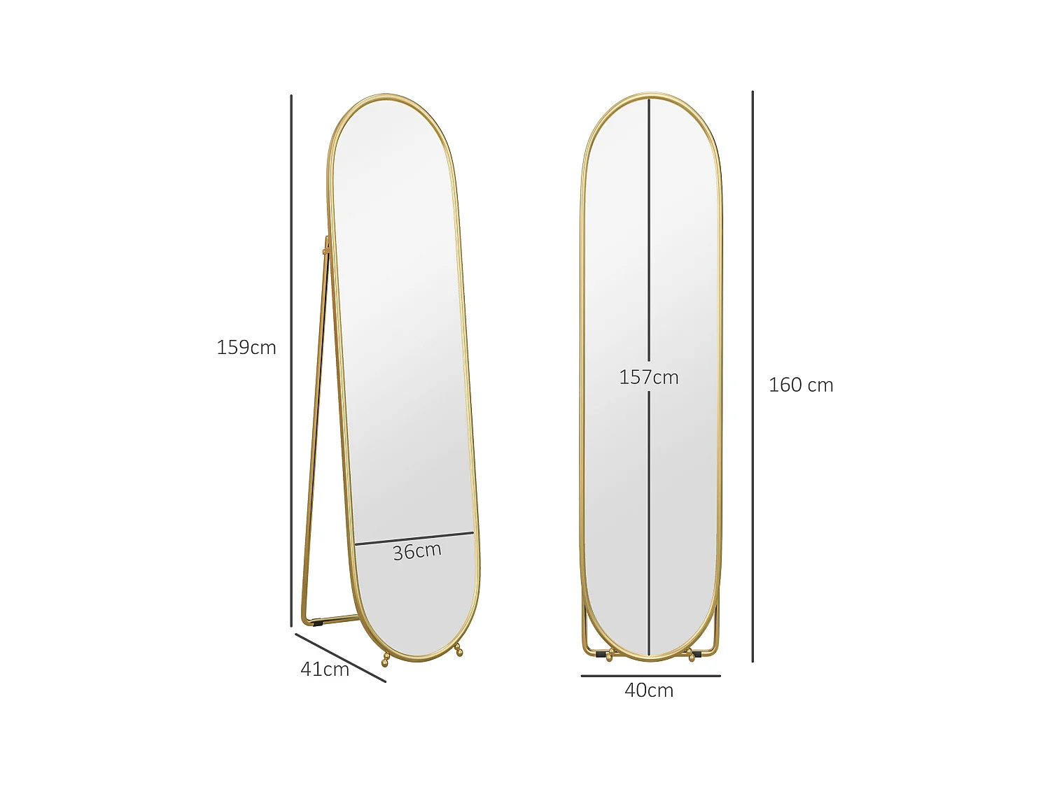 Specchio verticale ovale da terra con supporto oro