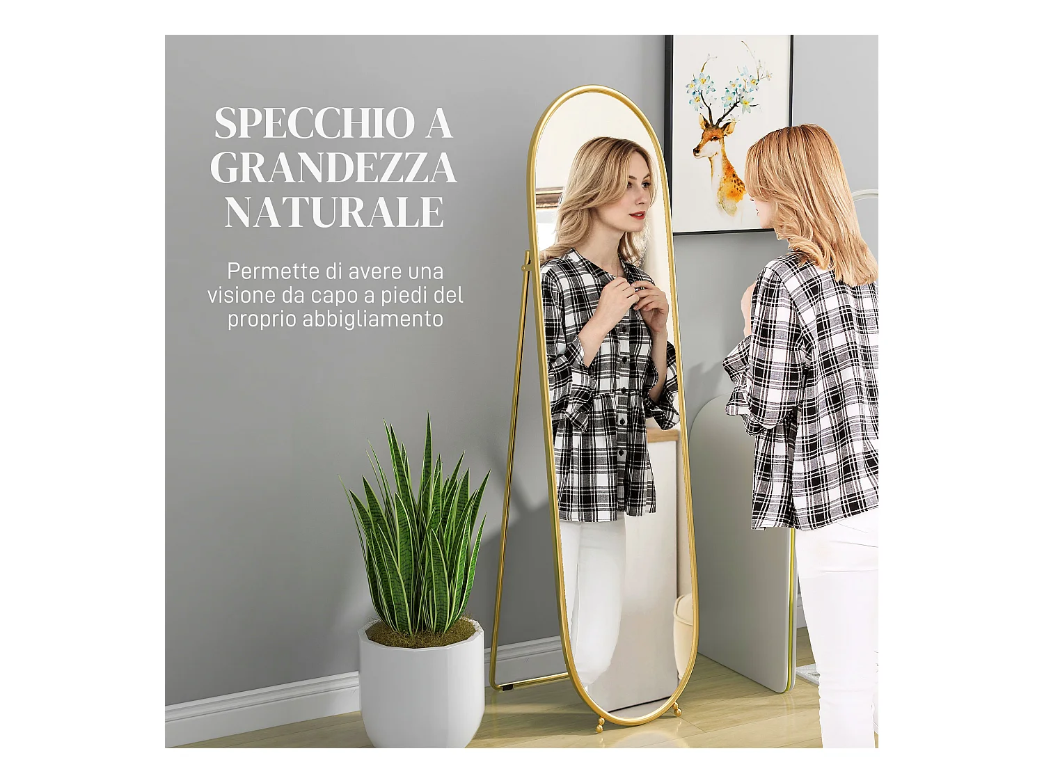 Specchio verticale ovale da terra con supporto oro