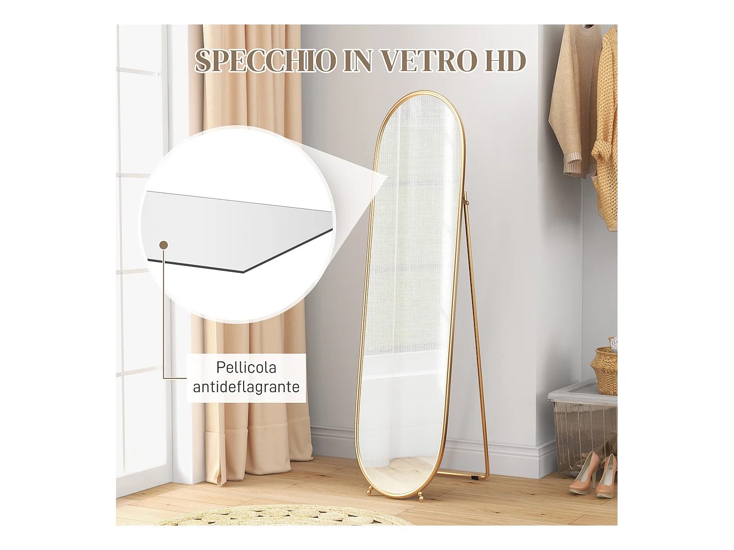 Specchio verticale ovale da terra con supporto oro