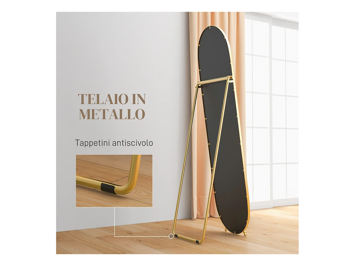 Specchio verticale ovale da terra con supporto oro