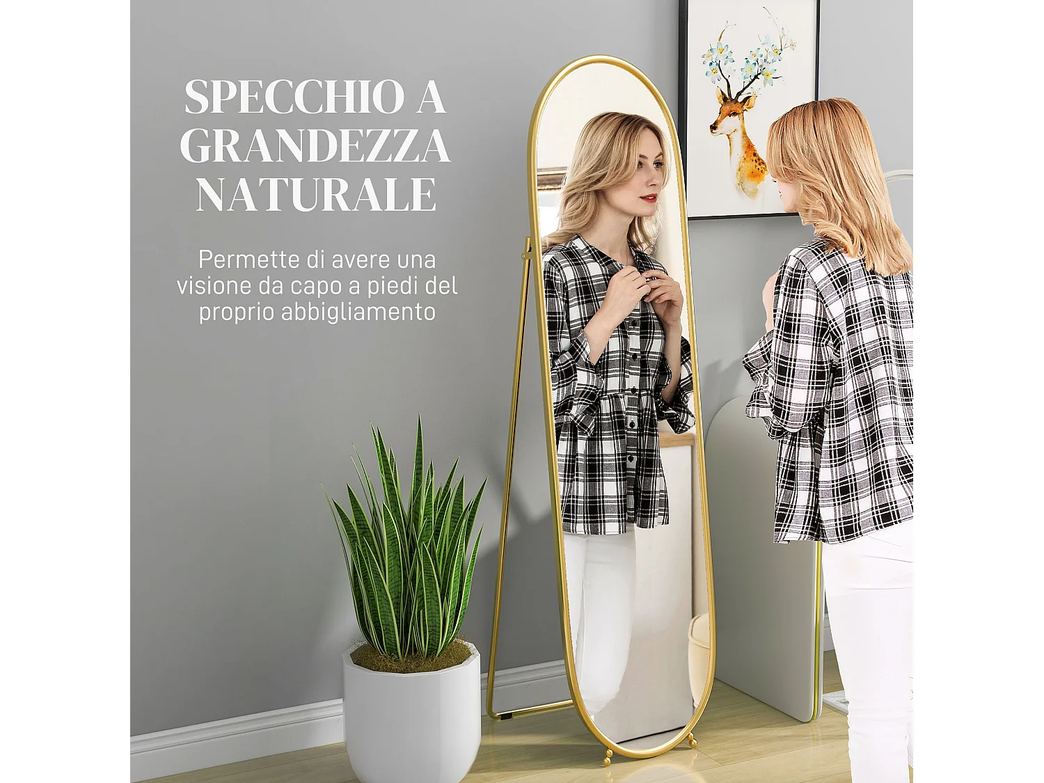 Specchio verticale ovale da terra con supporto oro