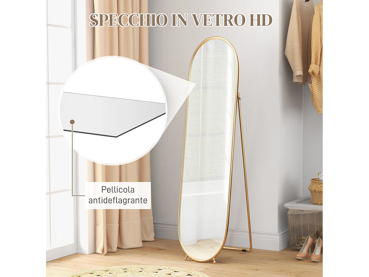 Specchio verticale ovale da terra con supporto oro