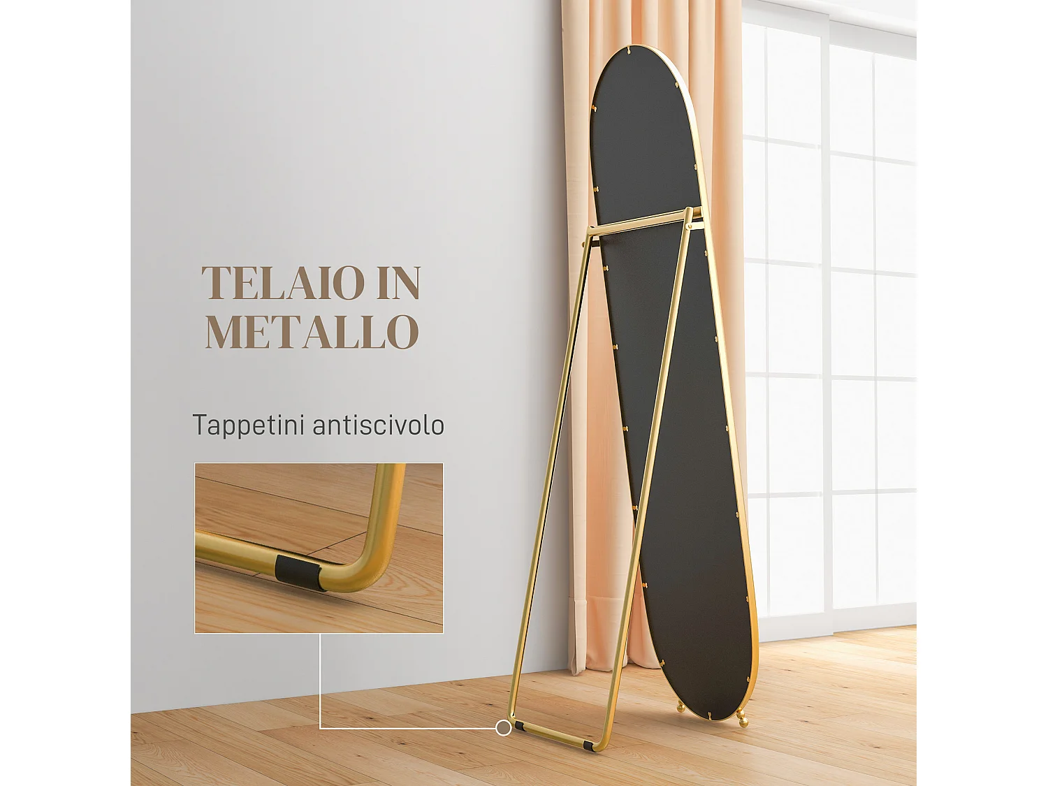 Specchio verticale ovale da terra con supporto oro