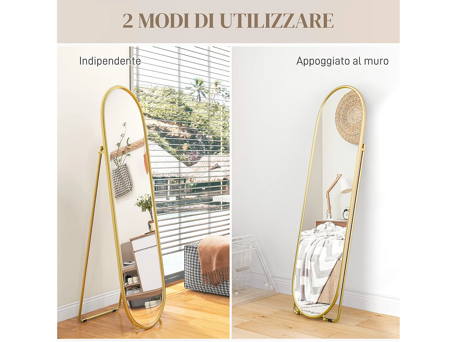 Specchio verticale ovale da terra con supporto oro