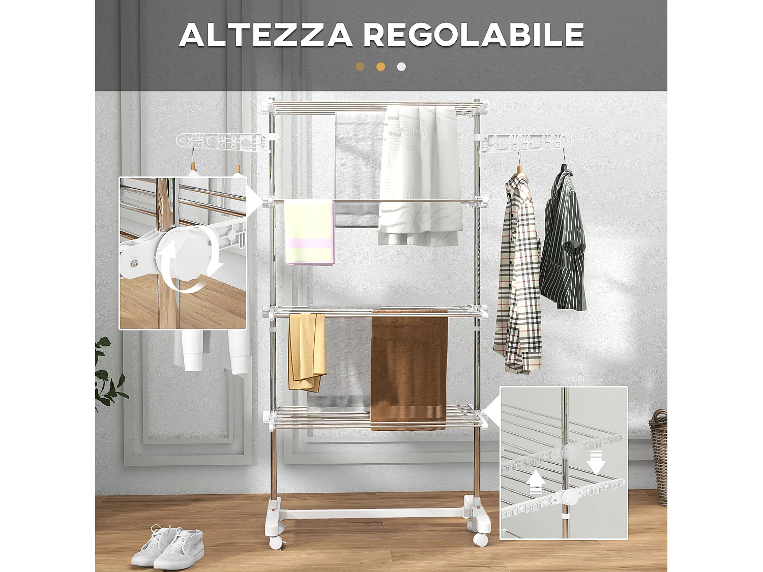 Stendino verticale pieghevole 4 livelli e 6 ruote girevoli