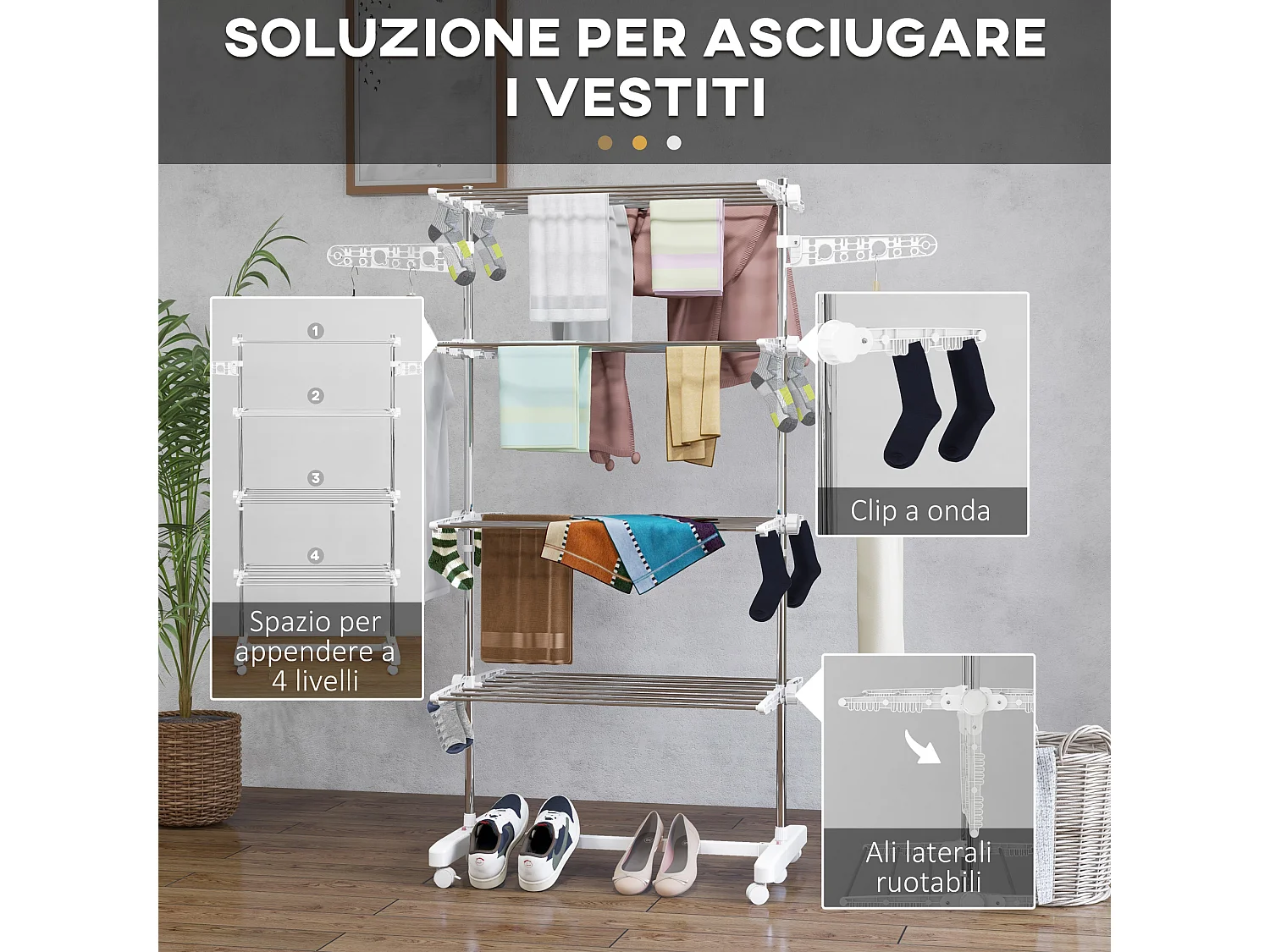 Stendino verticale pieghevole 4 livelli e 6 ruote girevoli