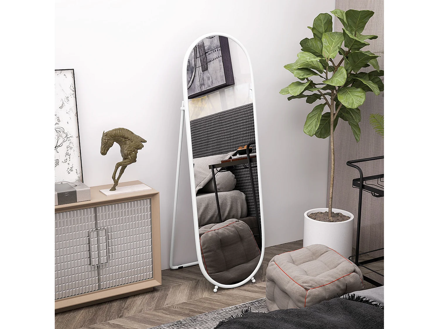 Specchio verticale ovale da terra con supporto 40x41x159 cm bianco