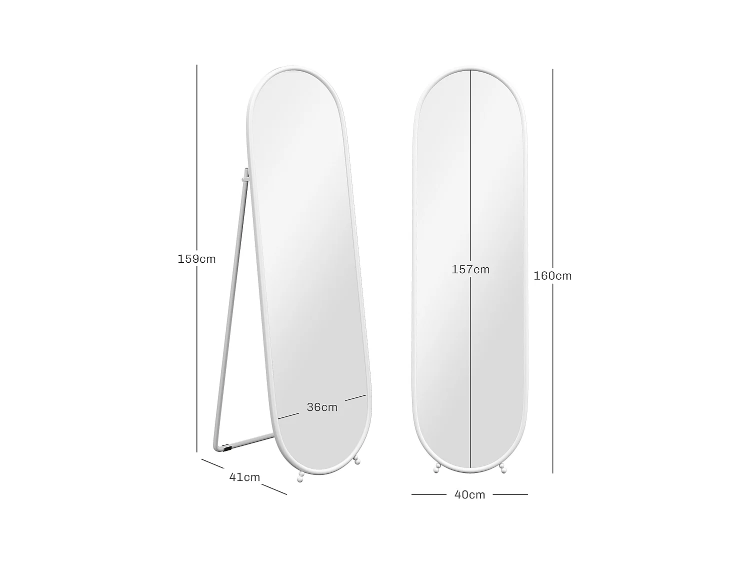 Specchio verticale ovale da terra con supporto 40x41x159 cm bianco