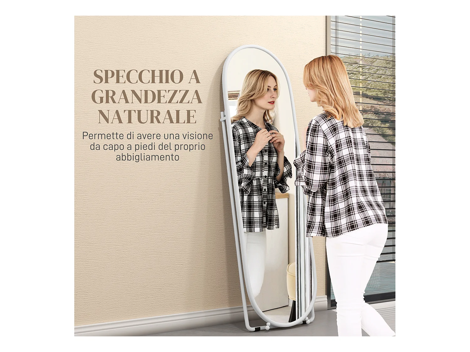 Specchio verticale ovale da terra con supporto 40x41x159 cm bianco