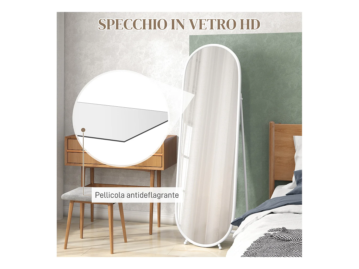 Specchio verticale ovale da terra con supporto 40x41x159 cm bianco