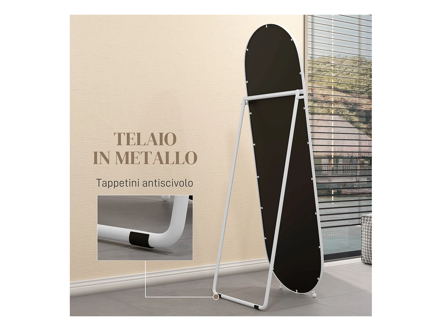 Specchio verticale ovale da terra con supporto 40x41x159 cm bianco