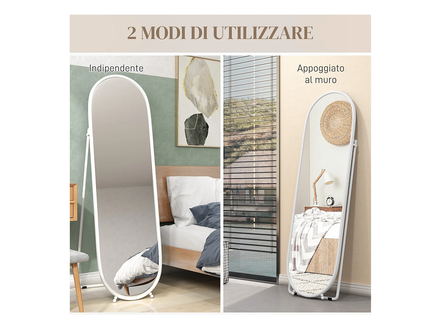 Specchio verticale ovale da terra con supporto 40x41x159 cm bianco