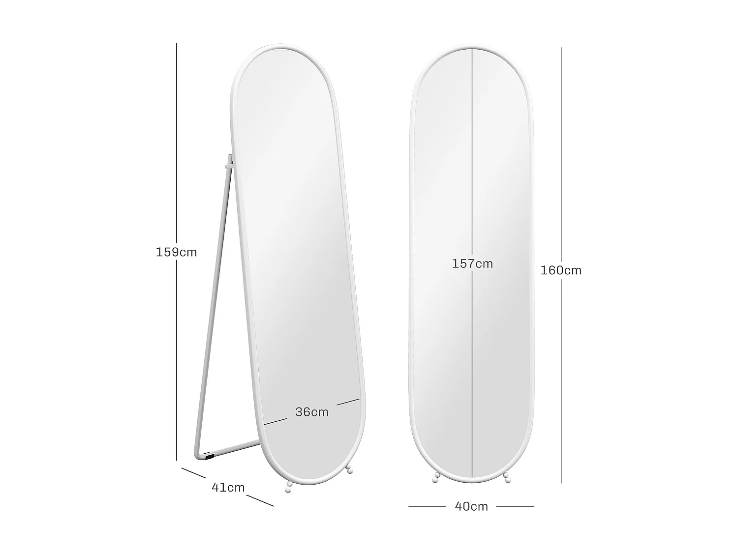 Specchio verticale ovale da terra con supporto 40x41x159 cm bianco