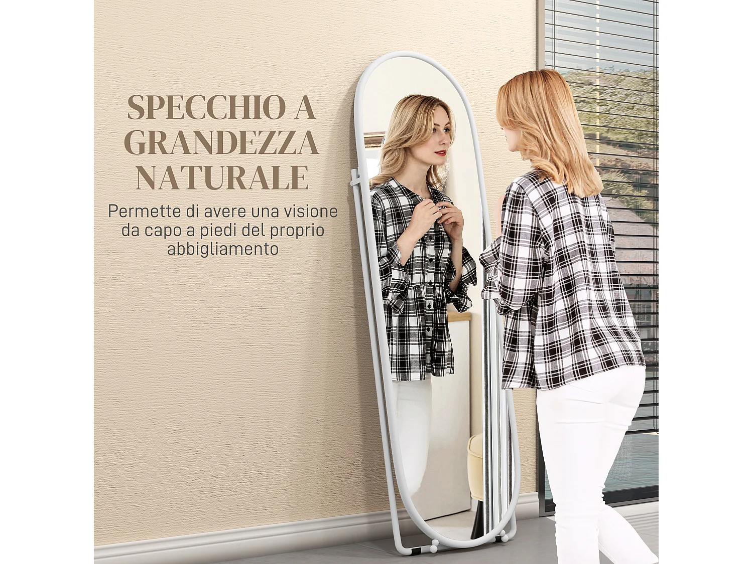 Specchio verticale ovale da terra con supporto 40x41x159 cm bianco