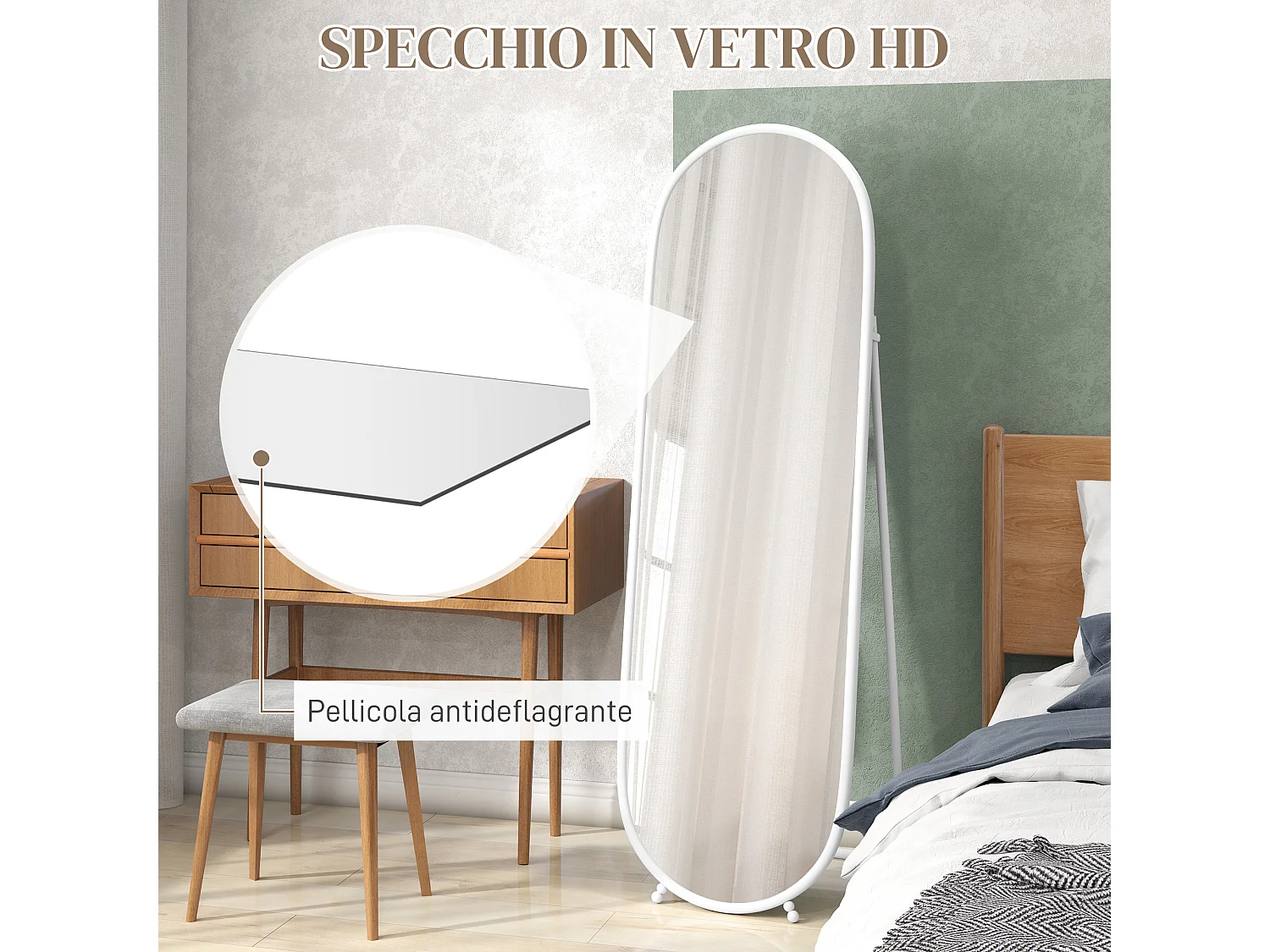 Specchio verticale ovale da terra con supporto 40x41x159 cm bianco