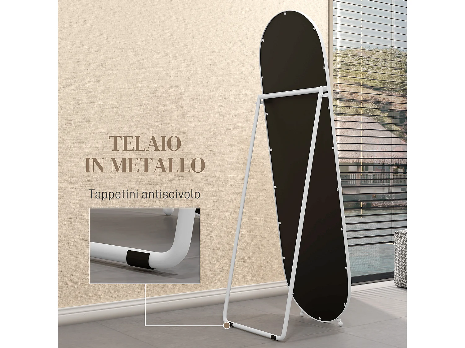 Specchio verticale ovale da terra con supporto 40x41x159 cm bianco