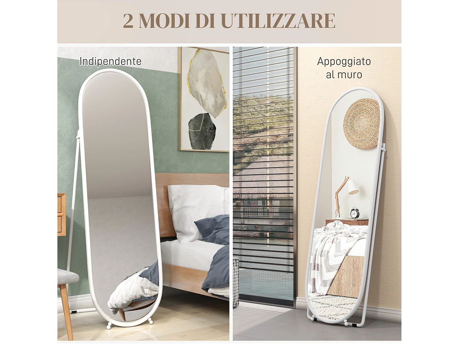 Specchio verticale ovale da terra con supporto 40x41x159 cm bianco