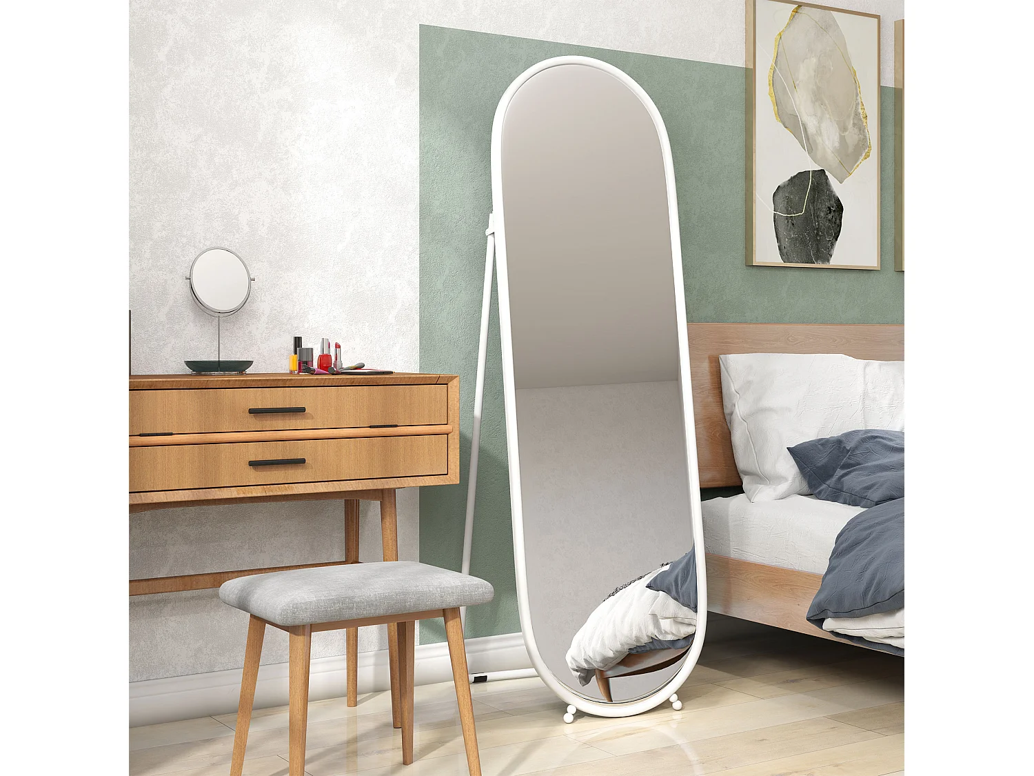 Specchio verticale ovale da terra con supporto 40x41x159 cm bianco