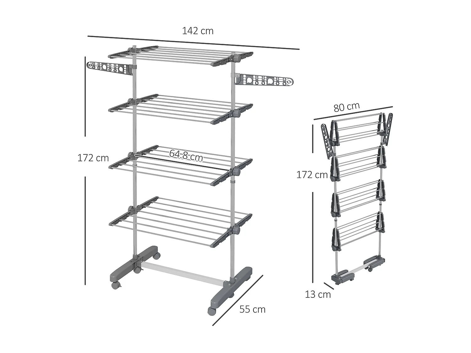 Stendino verticale pieghevole a 4 livelli e 6 ruote grigio e argento