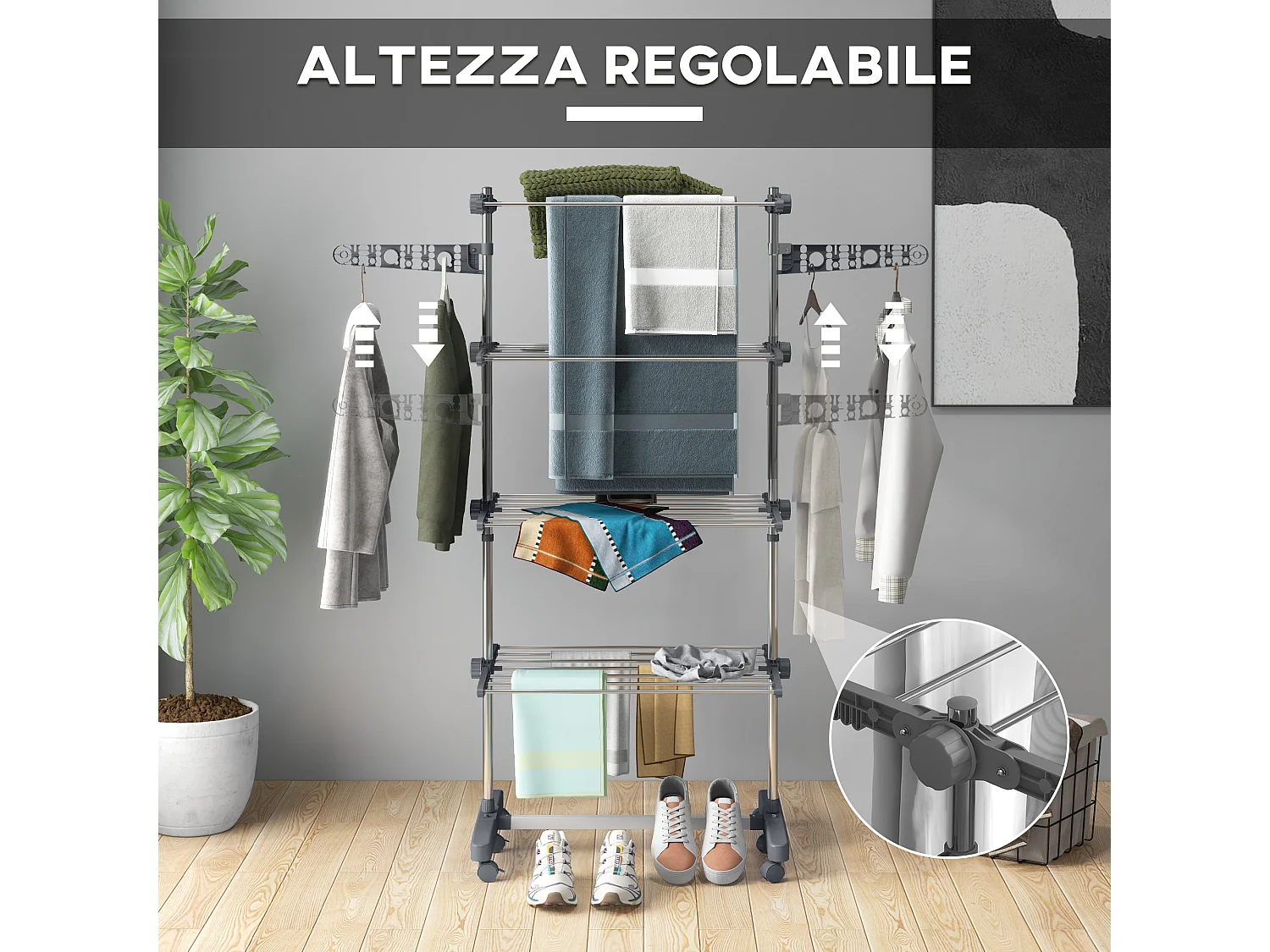 Stendino verticale pieghevole a 4 livelli e 6 ruote grigio e argento