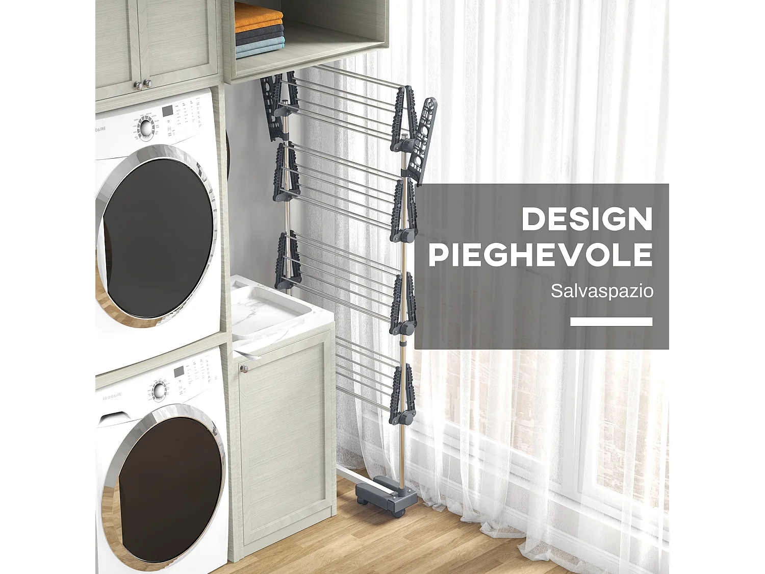 Stendino verticale pieghevole a 4 livelli e 6 ruote grigio e argento