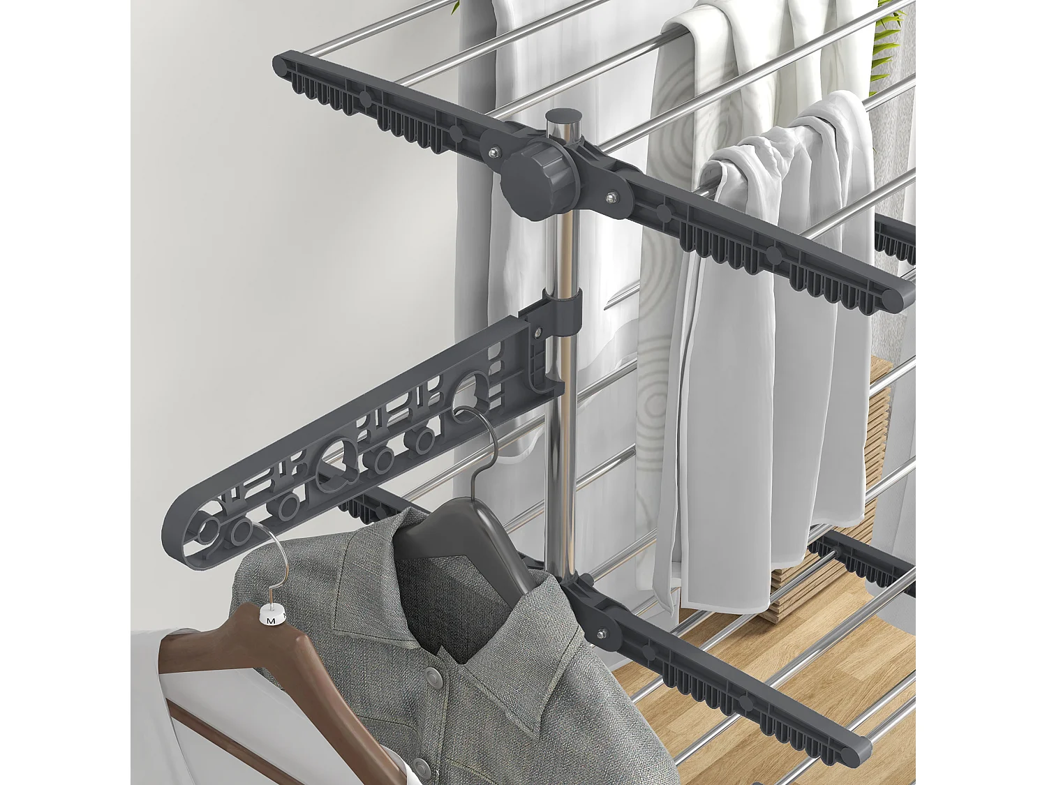 Stendino verticale pieghevole a 4 livelli e 6 ruote grigio e argento