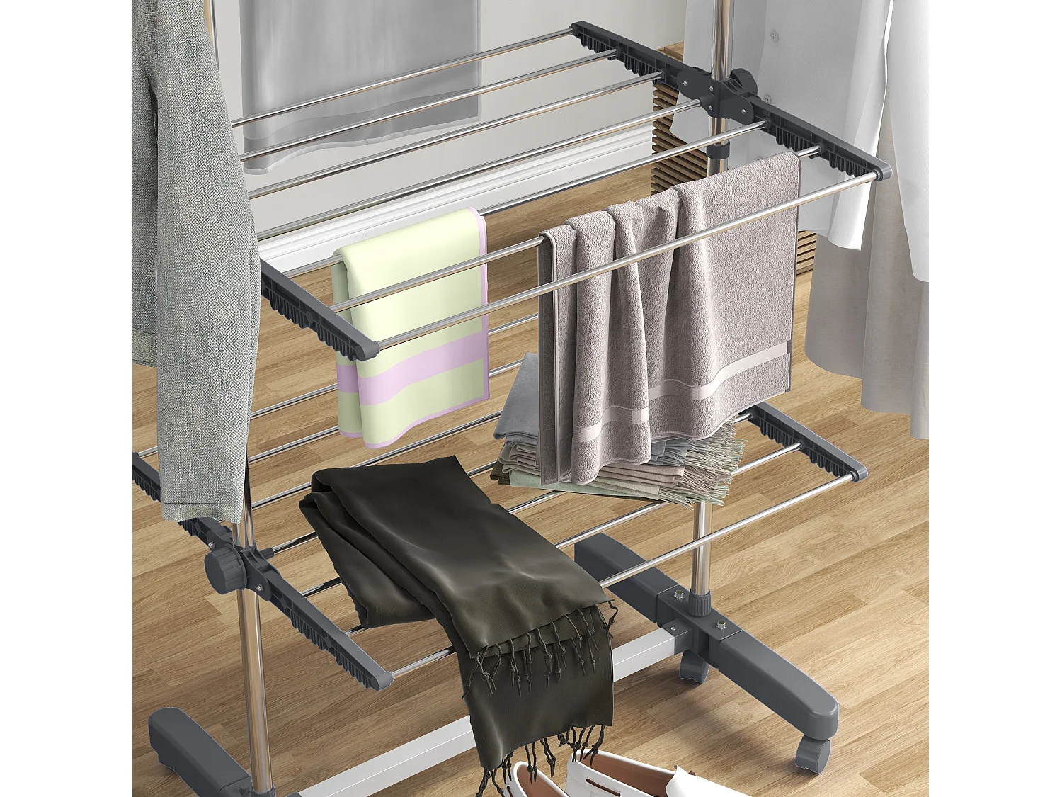 Stendino verticale pieghevole a 4 livelli e 6 ruote grigio e argento