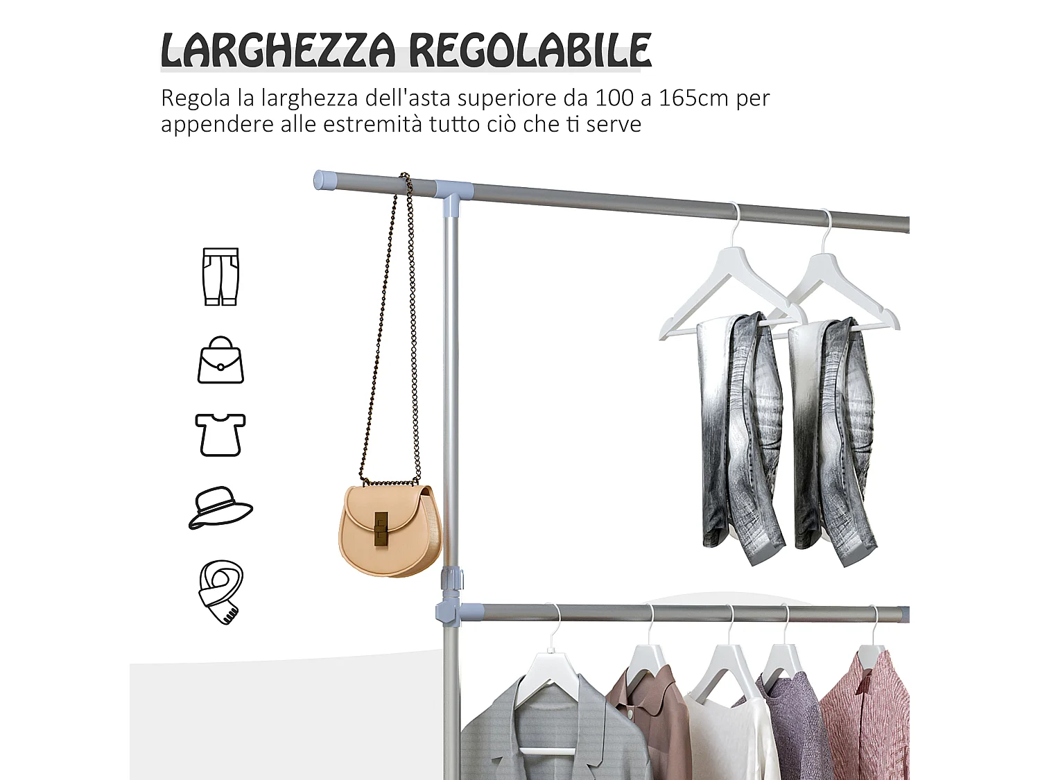 Stand appendiabiti altezza regolabile con 4 ruote girevoli