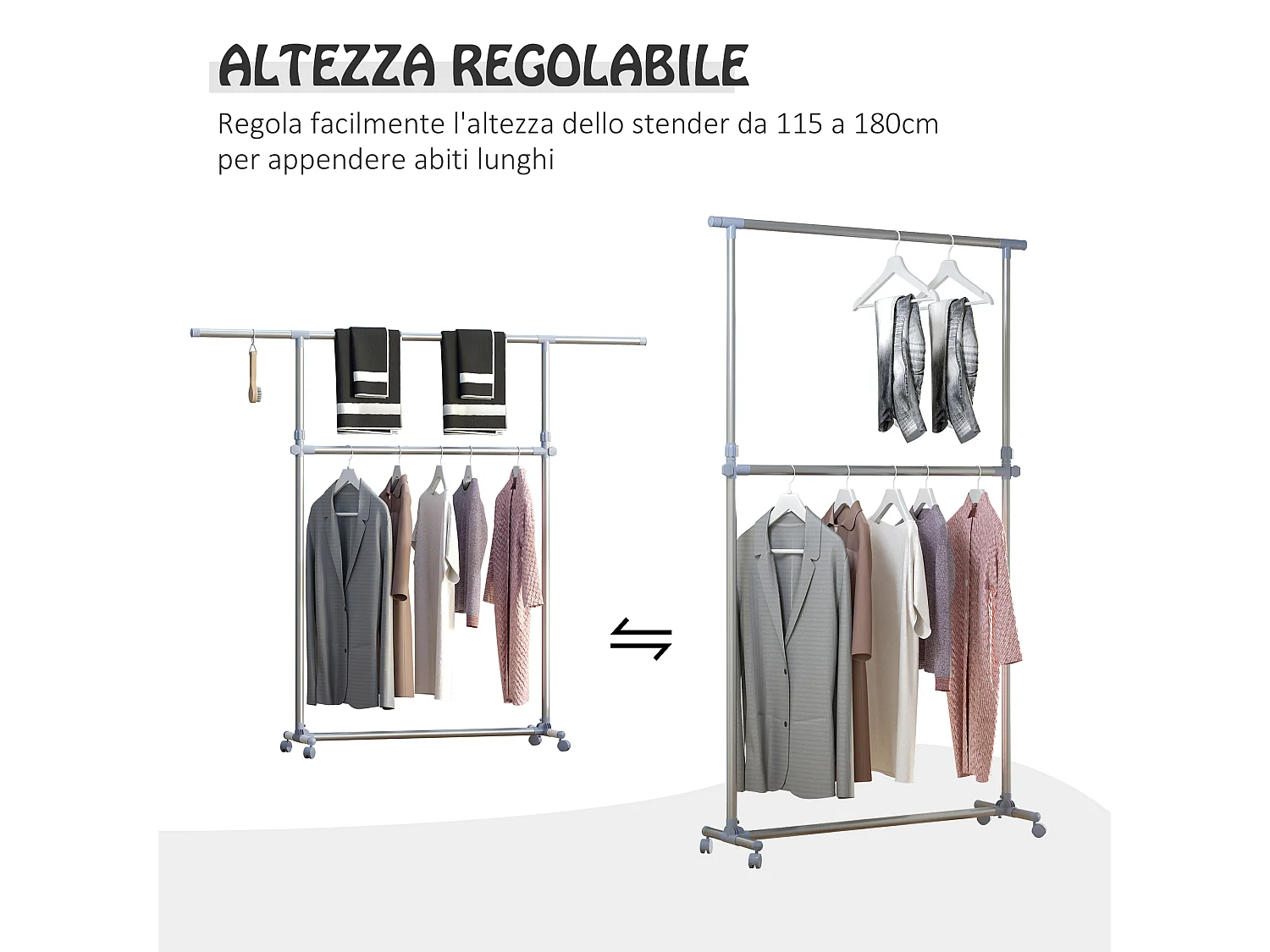 Stand appendiabiti altezza regolabile con 4 ruote girevoli